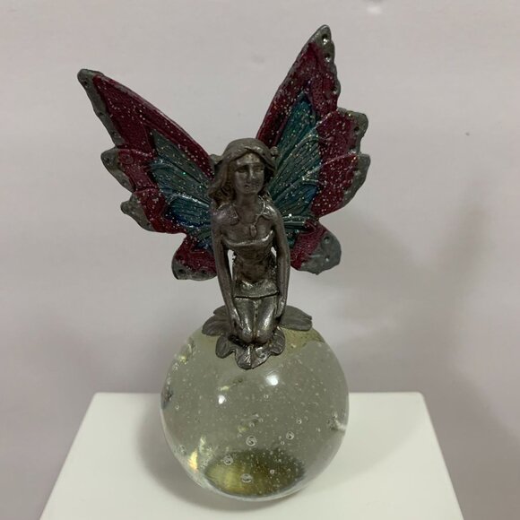 Pewter Fairy On Glass Ball Paperweight Decor - Picture 1 of 7